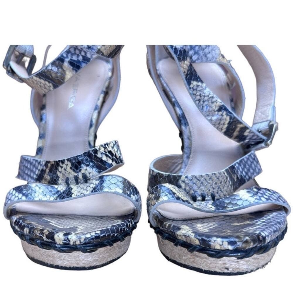 Via Spiga Snake Print Leather Platform Sandals Jute Wrapped Heel Size 8 Gray Tan - Picture 2 of 12